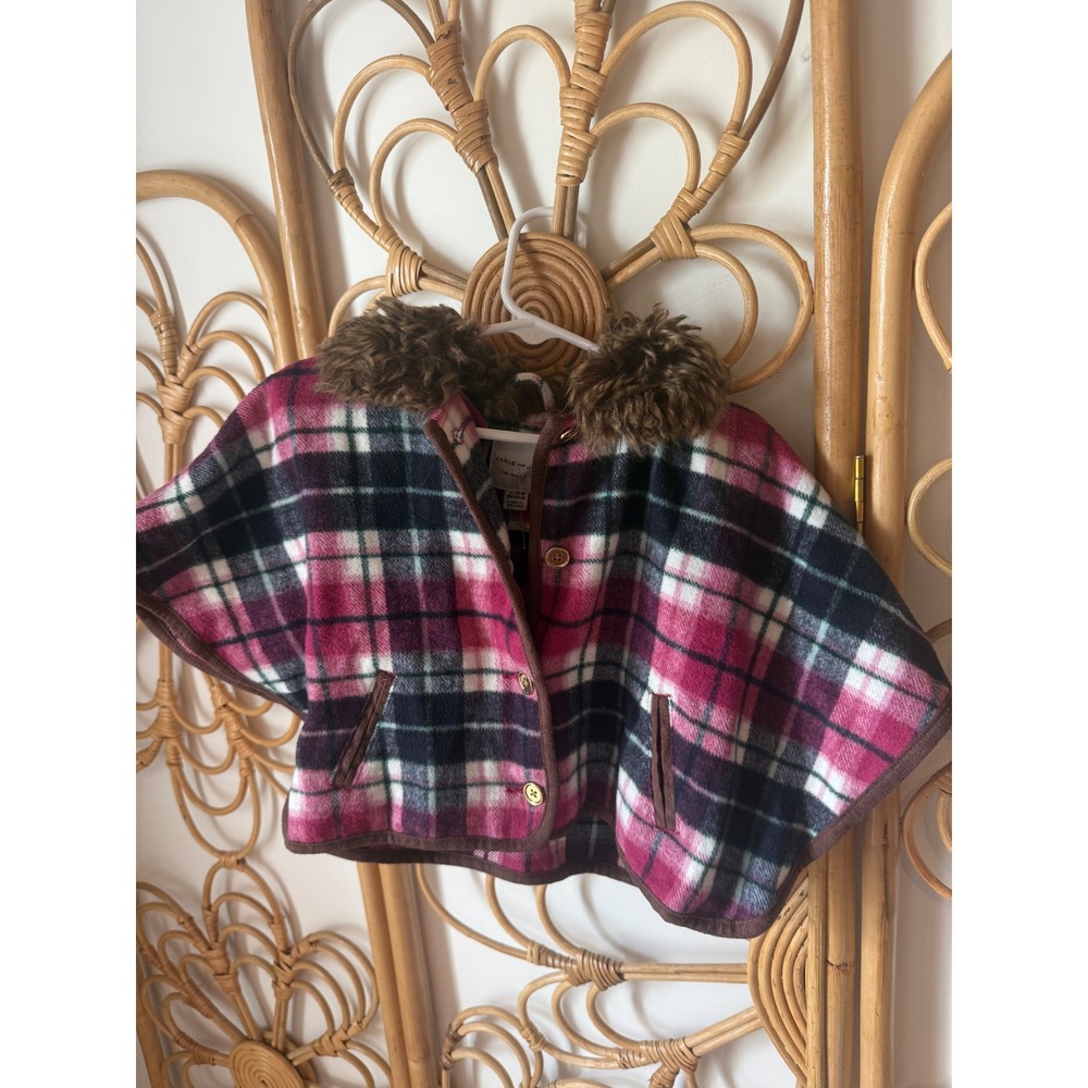 Janie and Jack Pink Plaid Fleece Cape Faux Fur Collar Poncho 12-18‎ Months